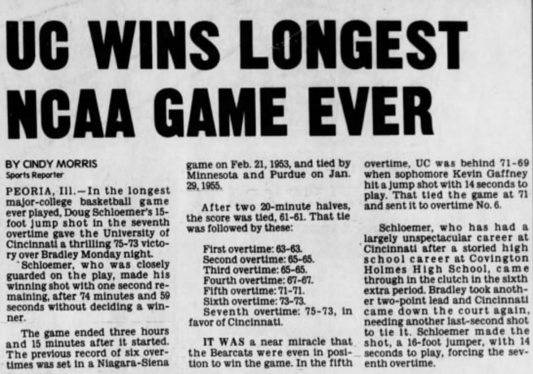 The Cincinnati Enquirer's story on the longest DI men's basketball game in NCAA history