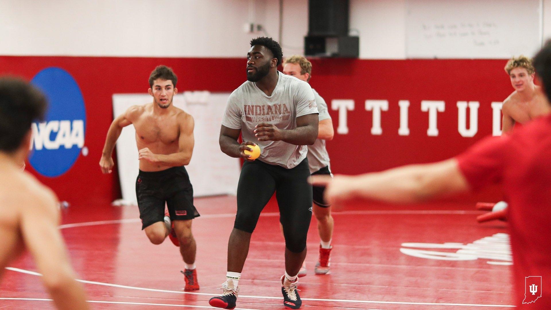 Indiana University plays dodgeball and handball at the start of practice