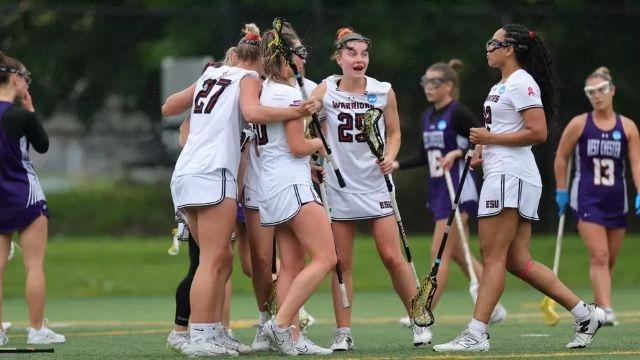 East Stroudsburg celebrates advancing to the DII women's lacrosse finals. 