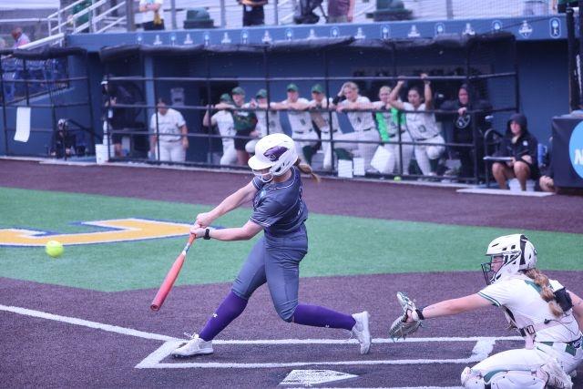 McKendree's Lauren Harris tees off at the DII softball championship.